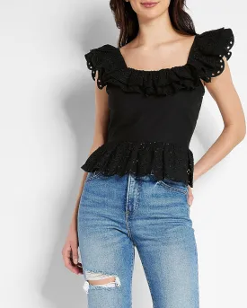 Open Back Eyelet Ruffle Peplum Top in Pitch Black
