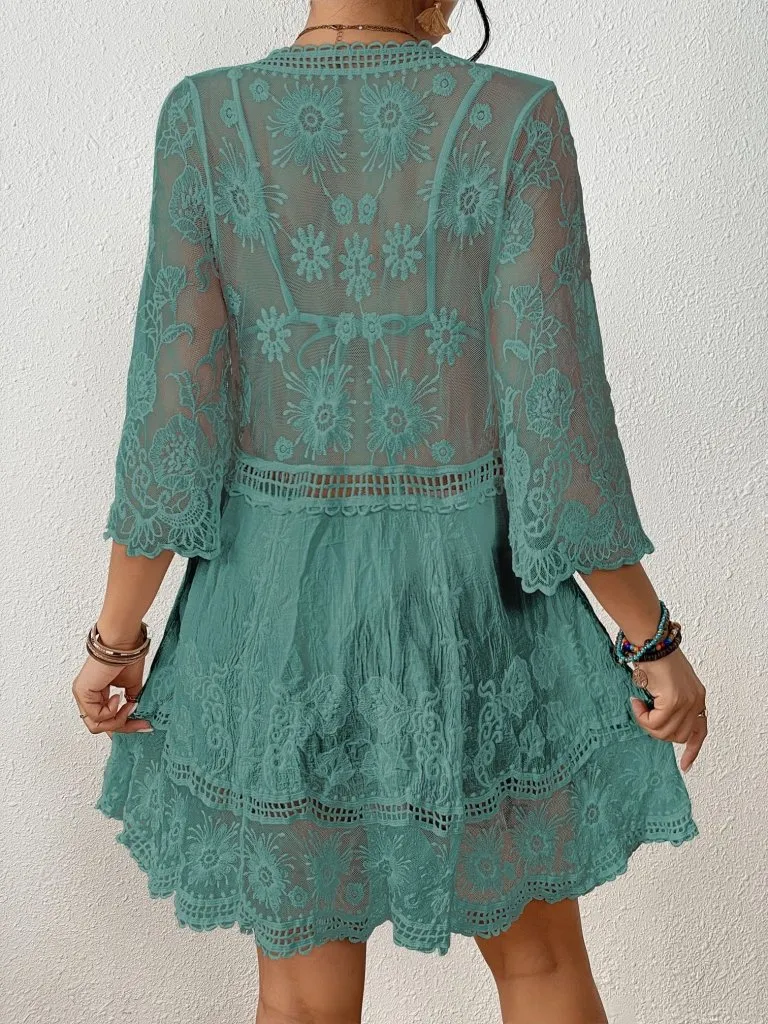 Sexy V Neck Contrast Lace Coverup Beach Dress