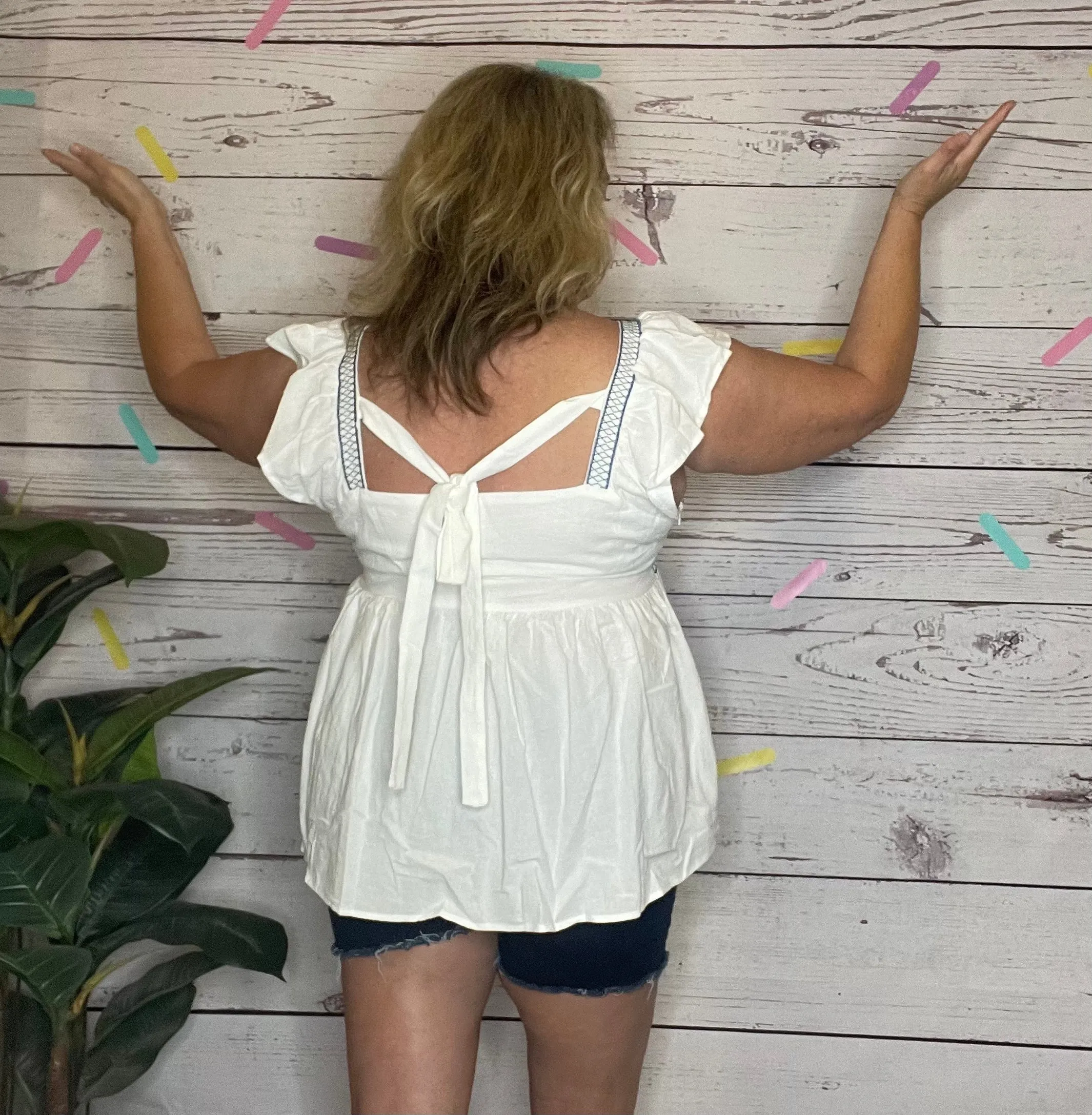 White Embroidered Square Neck Peplum Blouse