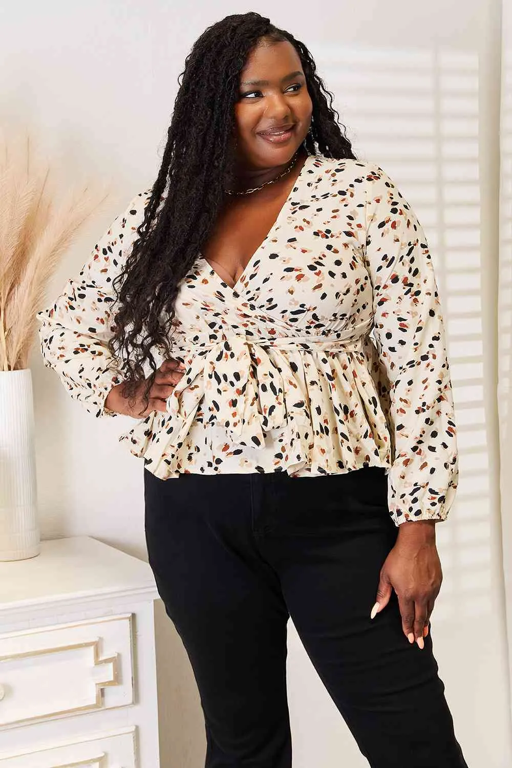 Women's Double Take Printed Tied Plunge Peplum Blouse